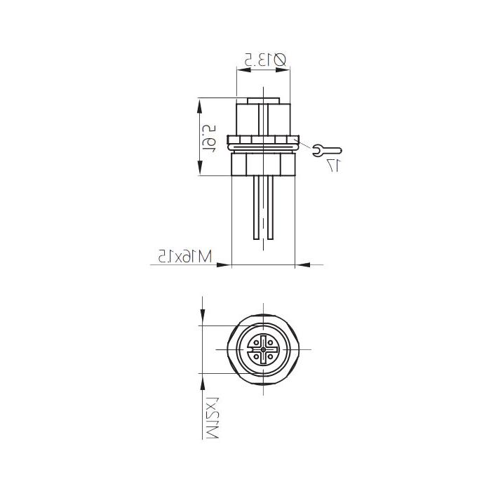 M12 4Pin、母头直型、法兰插座、板前安装、预铸UL电子线、64SA01-XXX