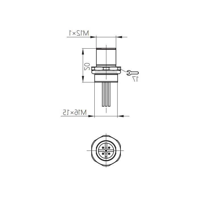 M12 5Pin、公头直型、法兰插座、板前安装、预铸UL电子线、64SA61-XXX